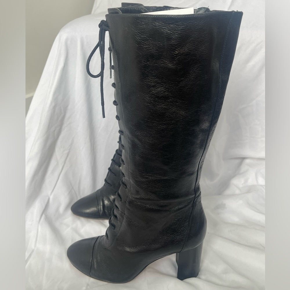Nine West Black Leather Lace-Up Knee Boots